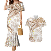 Polynesia Humpback Whale Couples Matching Mermaid Dress and Hawaiian Shirt Tropical Plumeria Beige LT7 Beige - Polynesian Pride