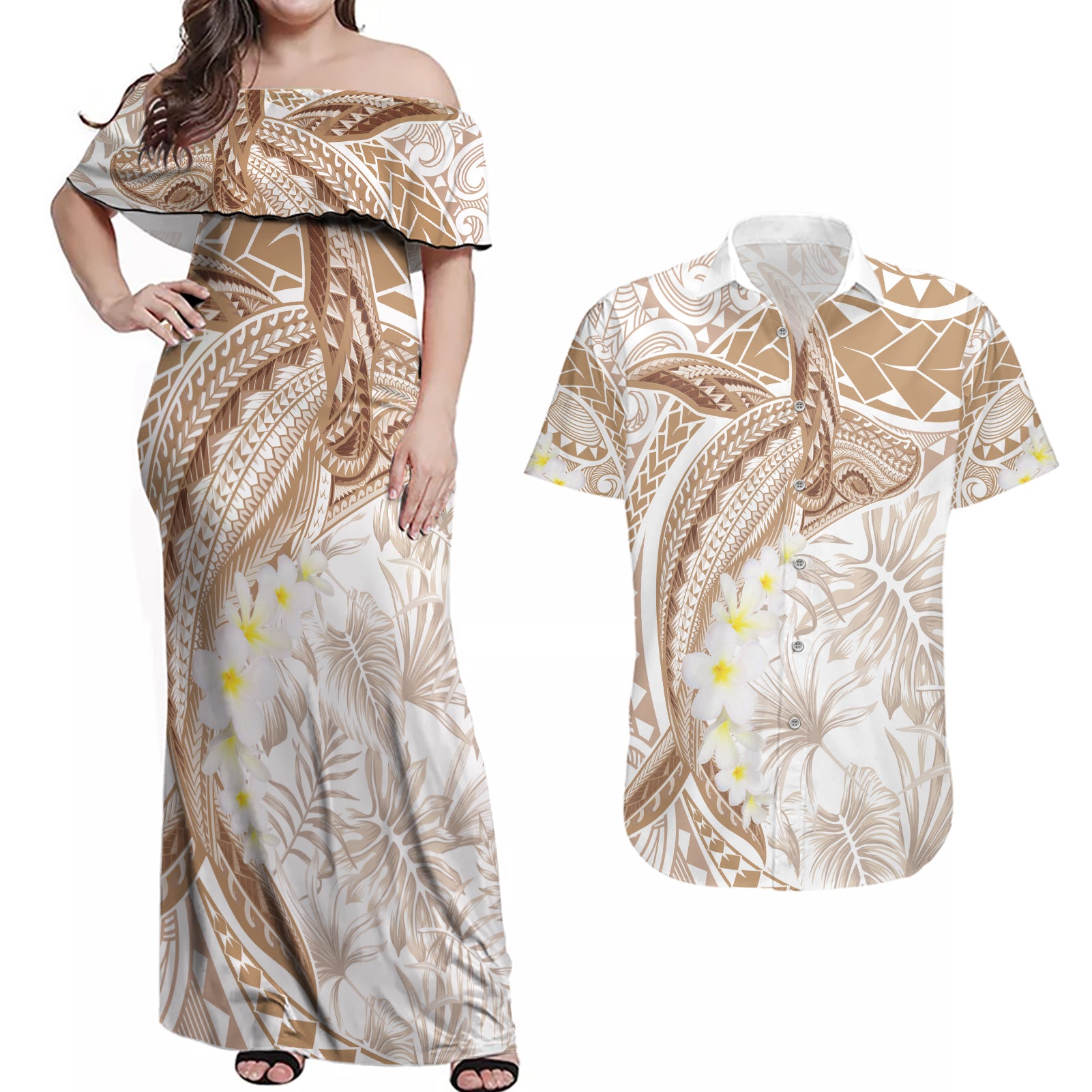 Polynesia Humpback Whale Couples Matching Off Shoulder Maxi Dress and Hawaiian Shirt Tropical Plumeria Beige