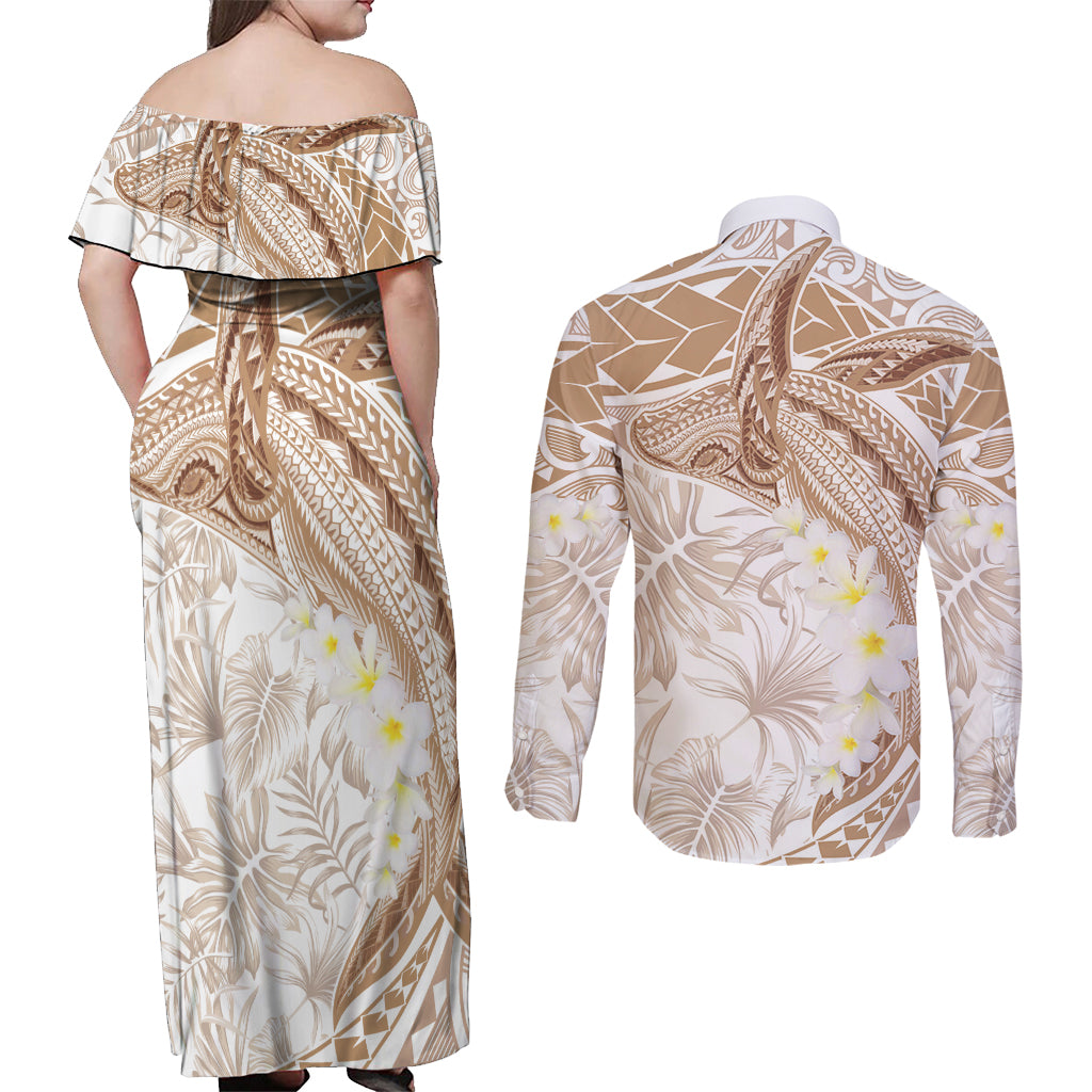 Polynesia Humpback Whale Couples Matching Off Shoulder Maxi Dress and Long Sleeve Button Shirt Tropical Plumeria Beige