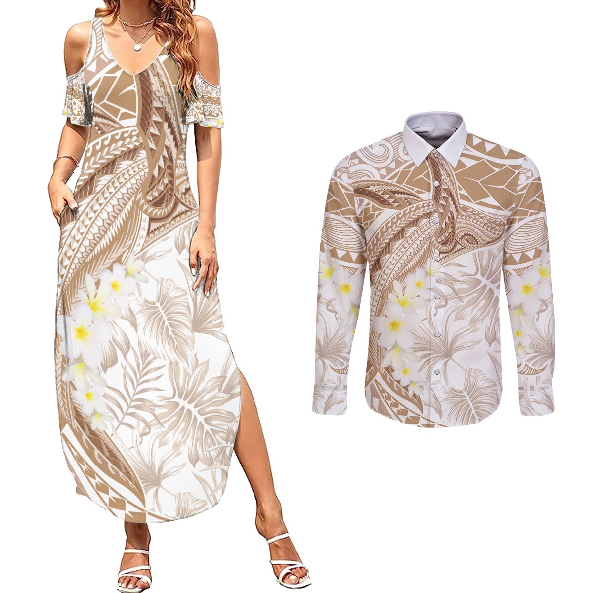 Polynesia Humpback Whale Couples Matching Summer Maxi Dress and Long Sleeve Button Shirt Tropical Plumeria Beige