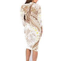 Polynesia Humpback Whale Family Matching Long Sleeve Bodycon Dress and Hawaiian Shirt Tropical Plumeria Beige