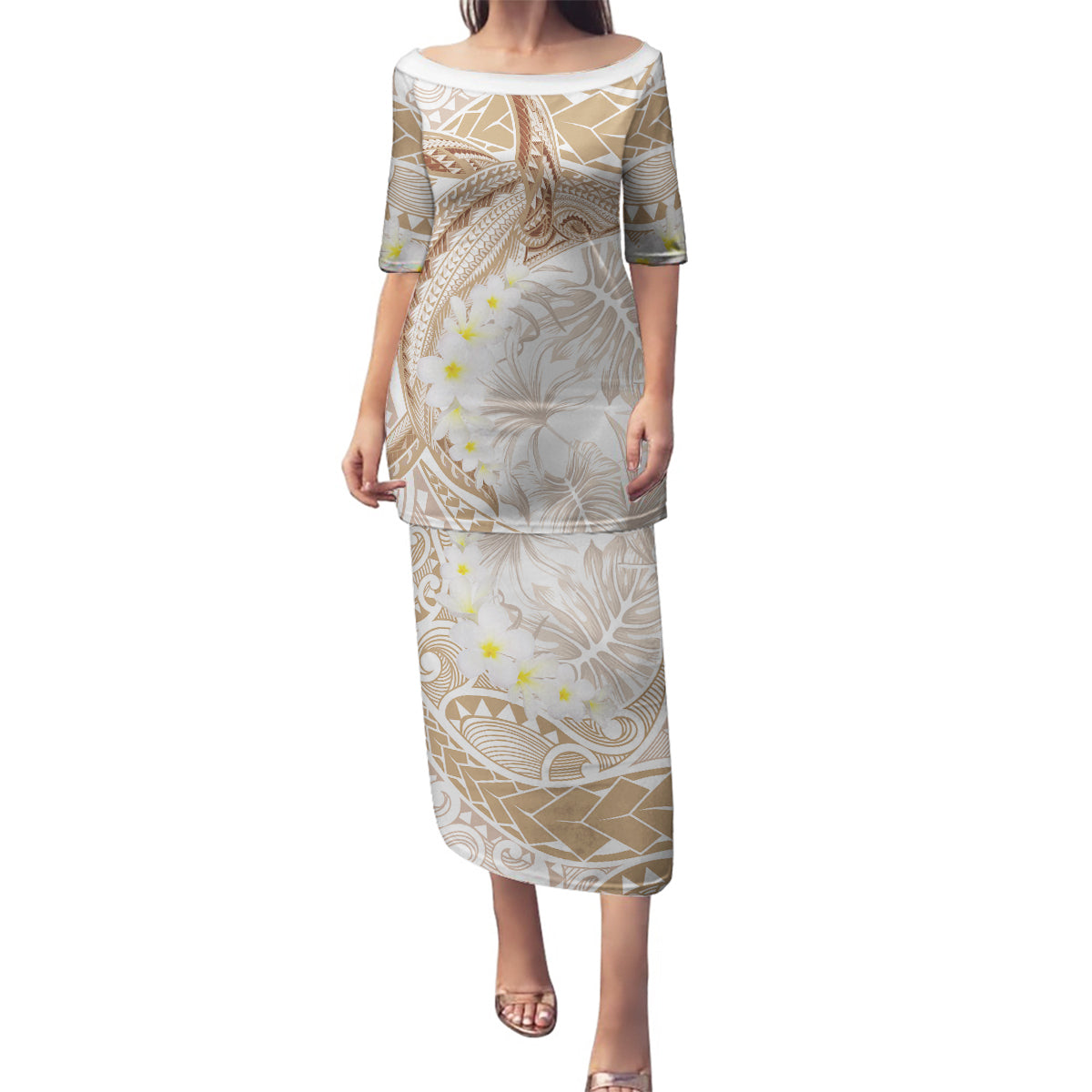 Polynesia Humpback Whale Family Matching Puletasi and Hawaiian Shirt Tropical Plumeria Beige