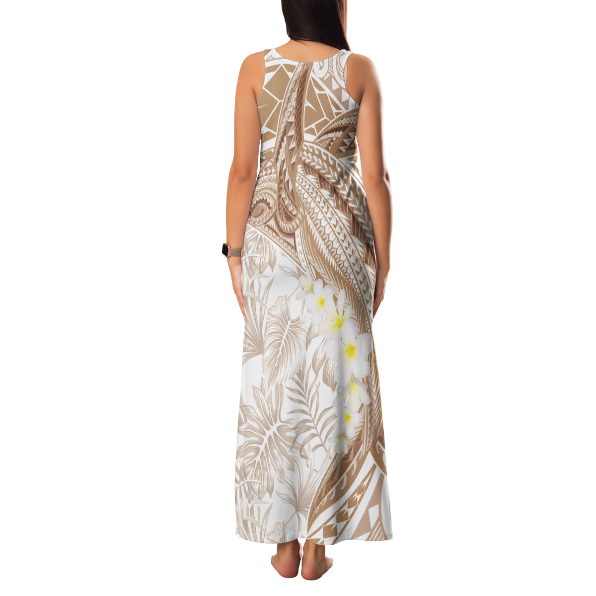 Polynesia Humpback Whale Family Matching Tank Maxi Dress and Hawaiian Shirt Tropical Plumeria Beige
