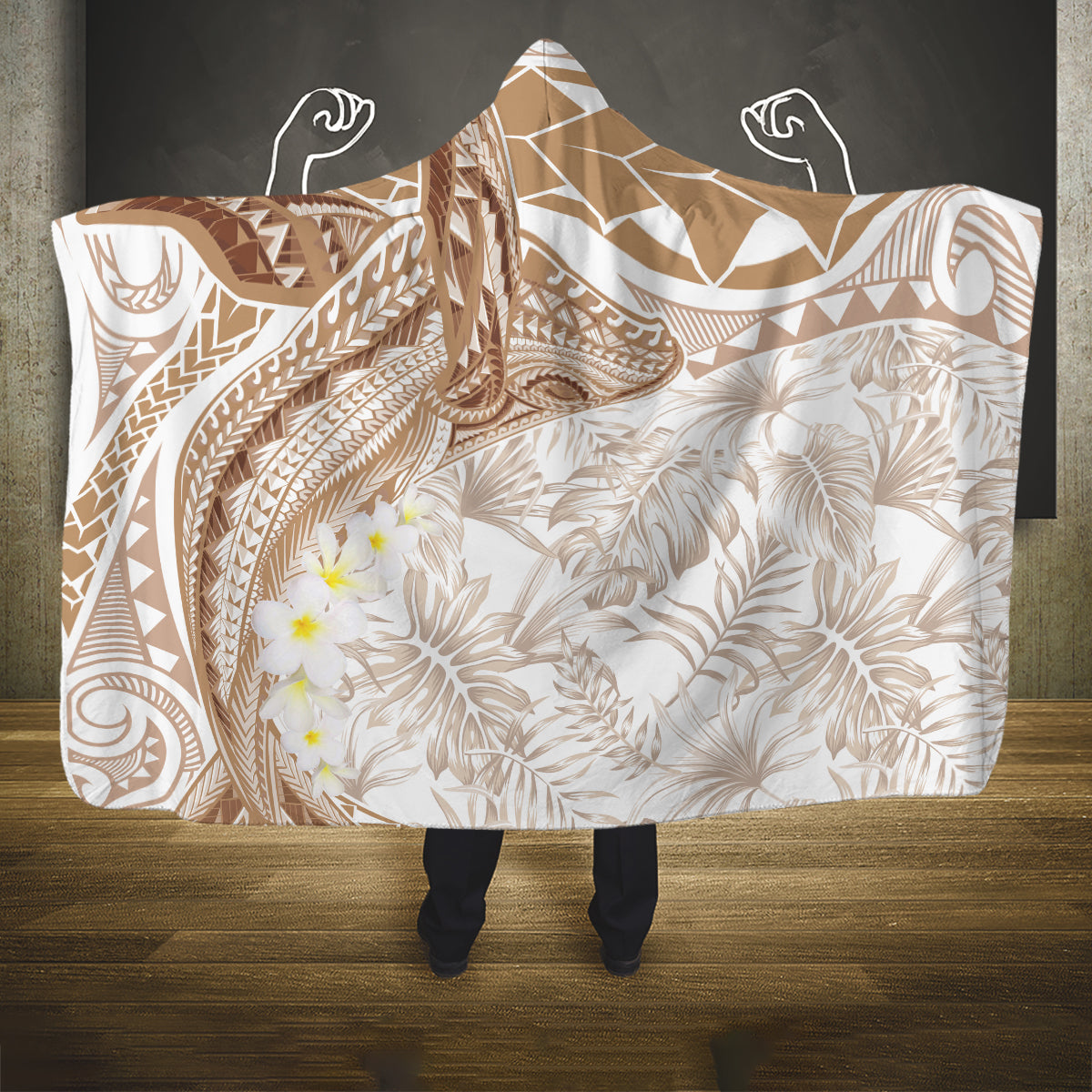 Polynesia Humpback Whale Hooded Blanket Tropical Plumeria Beige