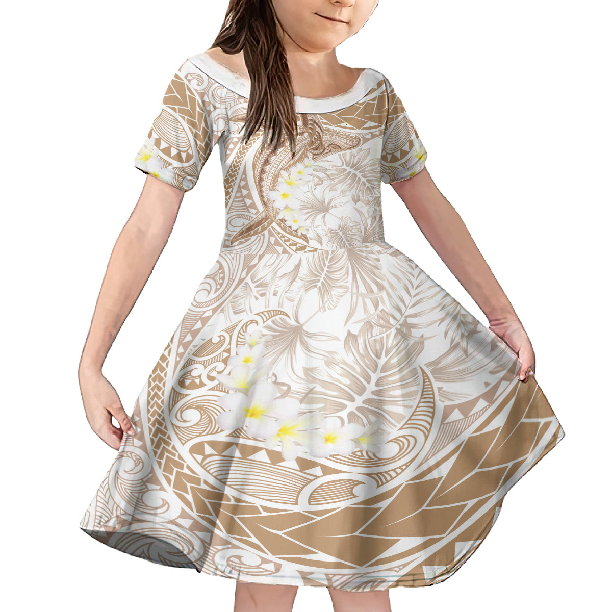 Polynesia Humpback Whale Kid Short Sleeve Dress Tropical Plumeria Beige