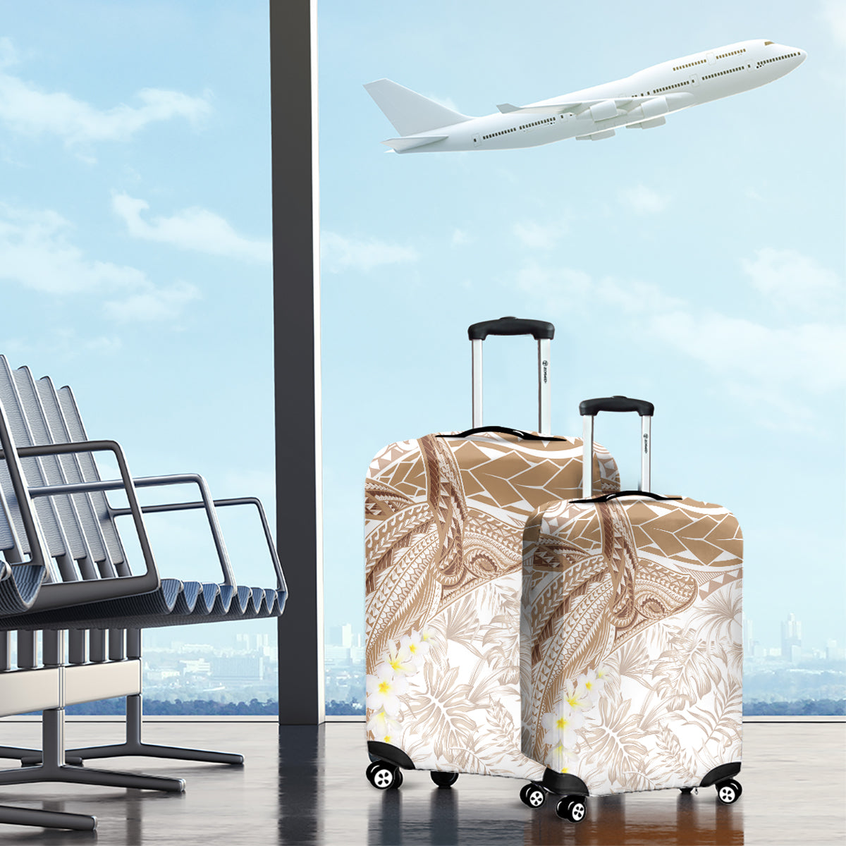 Polynesia Humpback Whale Luggage Cover Tropical Plumeria Beige