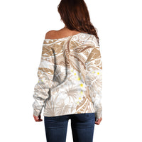 Polynesia Humpback Whale Off Shoulder Sweater Tropical Plumeria Beige