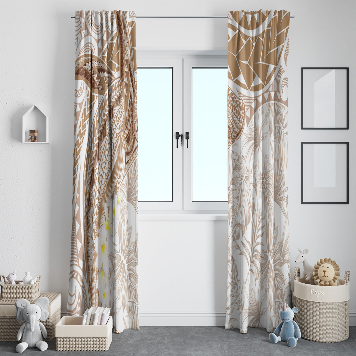 Polynesia Humpback Whale Window Curtain Tropical Plumeria Beige