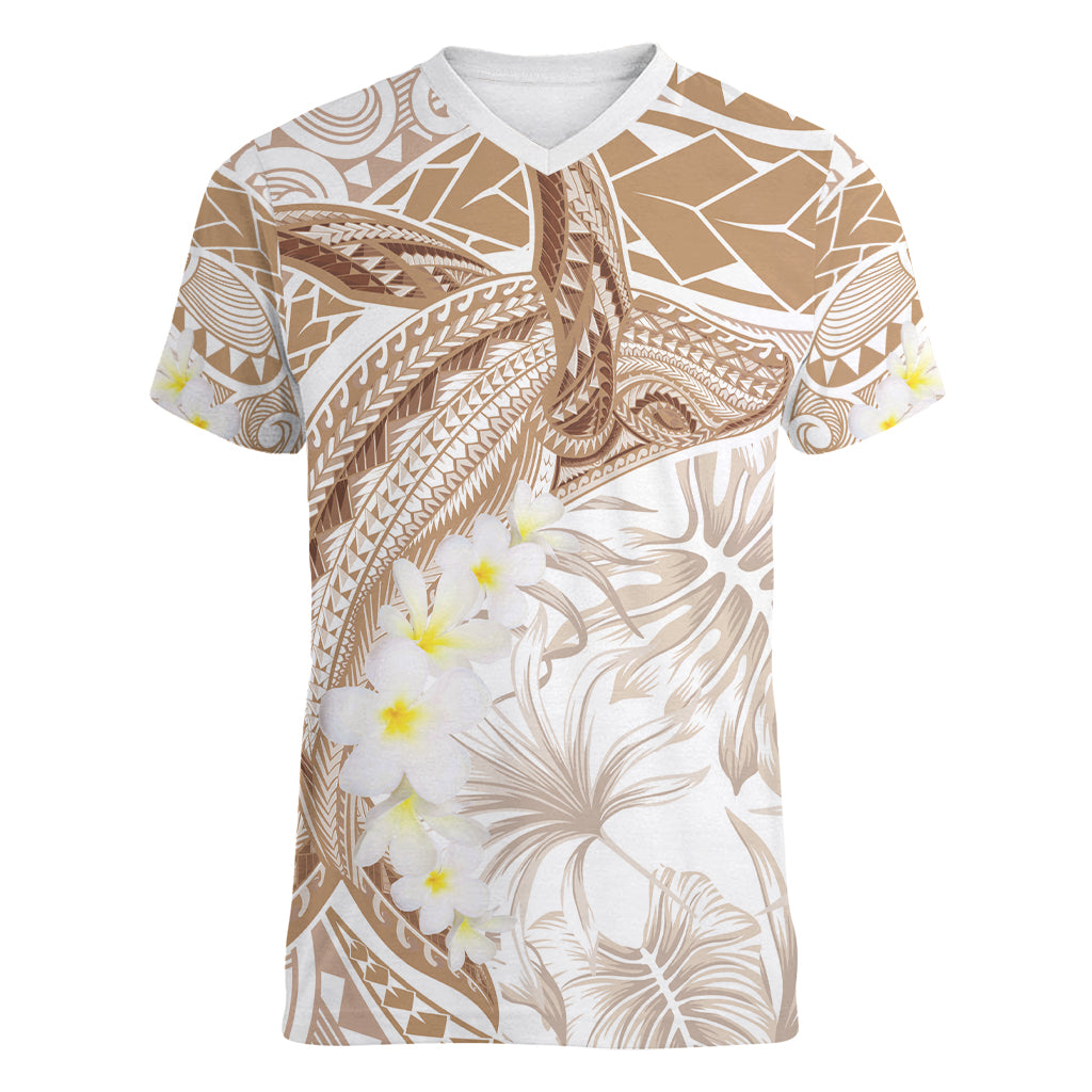 Polynesia Humpback Whale Women V-Neck T-Shirt Tropical Plumeria Beige