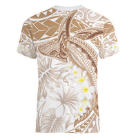 Polynesia Humpback Whale Women V-Neck T-Shirt Tropical Plumeria Beige