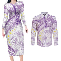 Polynesia Humpback Whale Couples Matching Long Sleeve Bodycon Dress and Long Sleeve Button Shirt Tropical Plumeria Lavender LT7 Lavender - Polynesian Pride