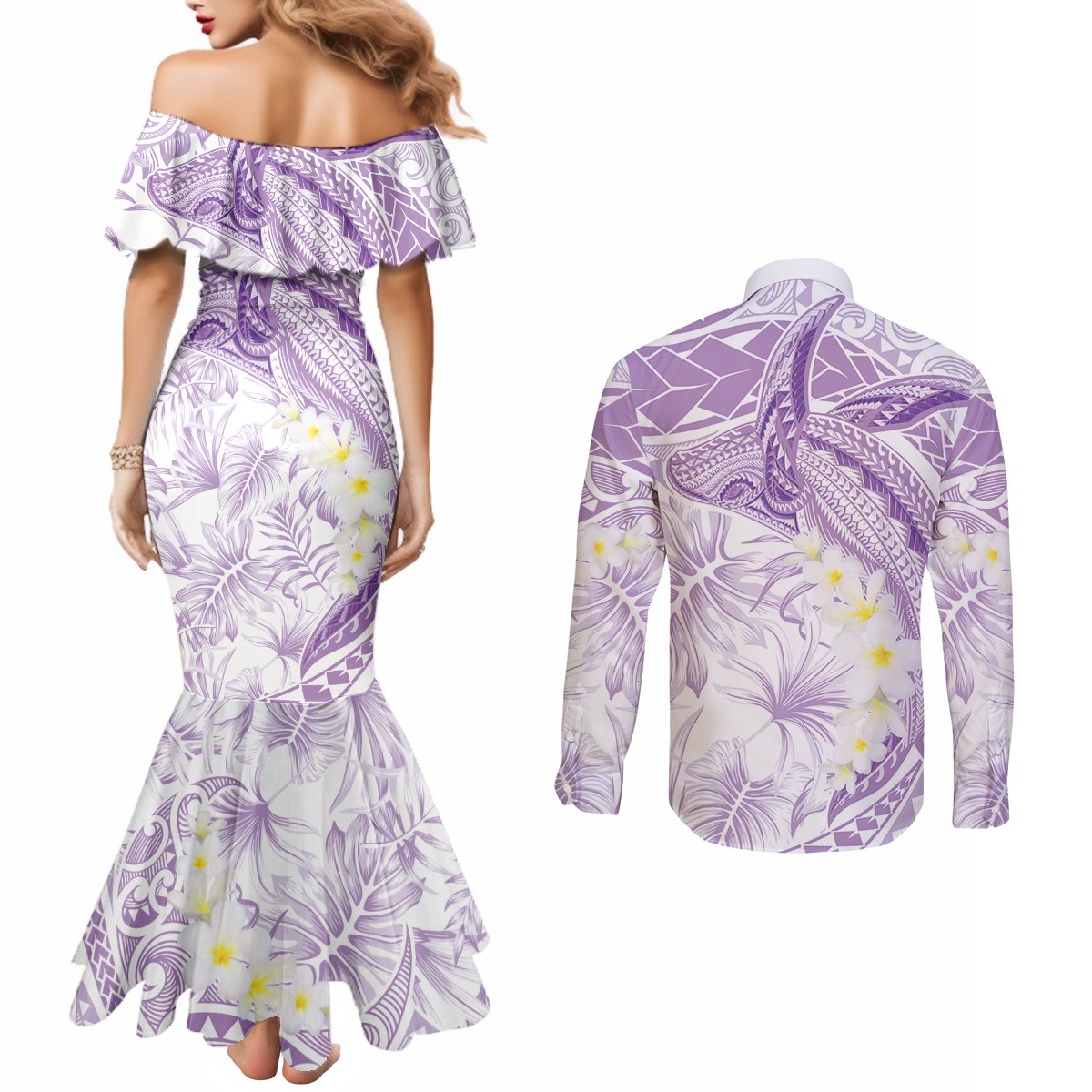 Polynesia Humpback Whale Couples Matching Mermaid Dress and Long Sleeve Button Shirt Tropical Plumeria Lavender