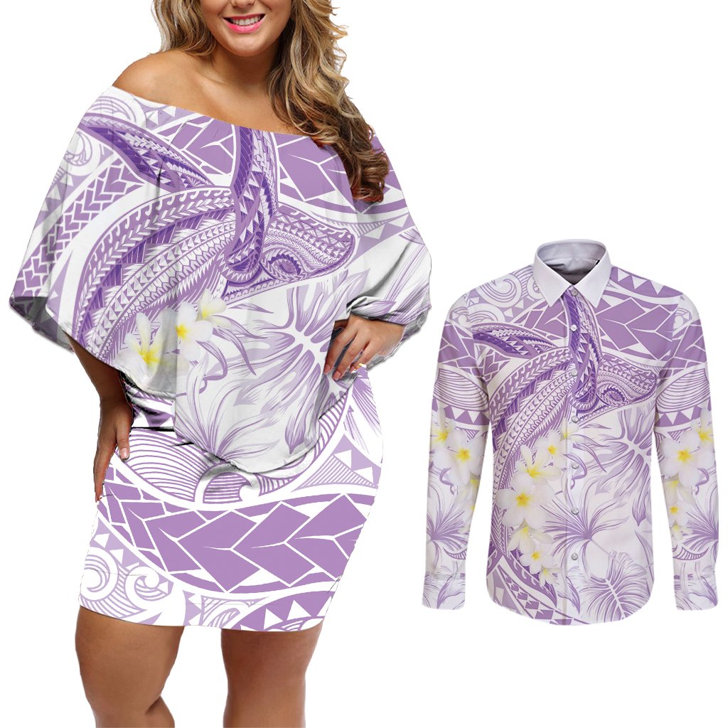Polynesia Humpback Whale Couples Matching Off Shoulder Short Dress and Long Sleeve Button Shirt Tropical Plumeria Lavender