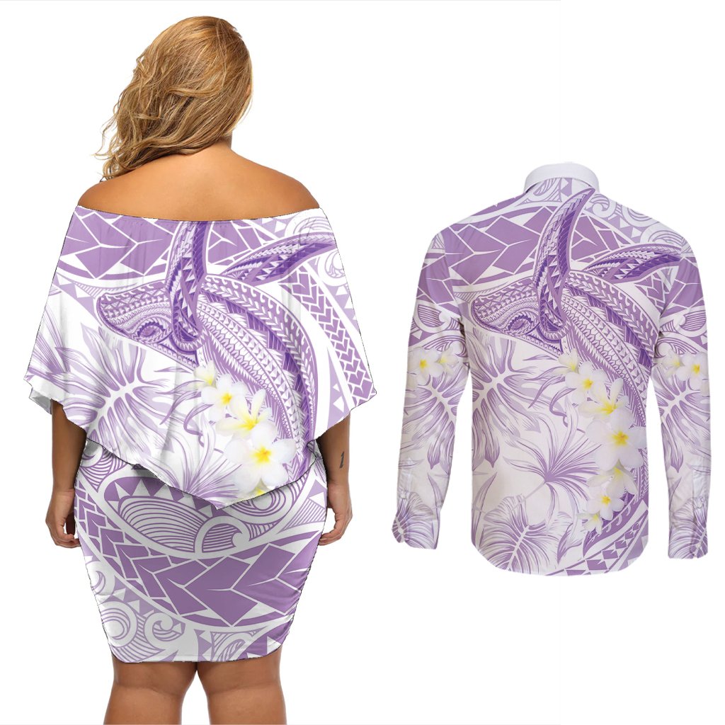 Polynesia Humpback Whale Couples Matching Off Shoulder Short Dress and Long Sleeve Button Shirt Tropical Plumeria Lavender