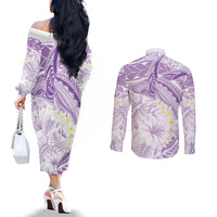 Polynesia Humpback Whale Couples Matching Off The Shoulder Long Sleeve Dress and Long Sleeve Button Shirt Tropical Plumeria Lavender