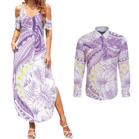 Polynesia Humpback Whale Couples Matching Summer Maxi Dress and Long Sleeve Button Shirt Tropical Plumeria Lavender
