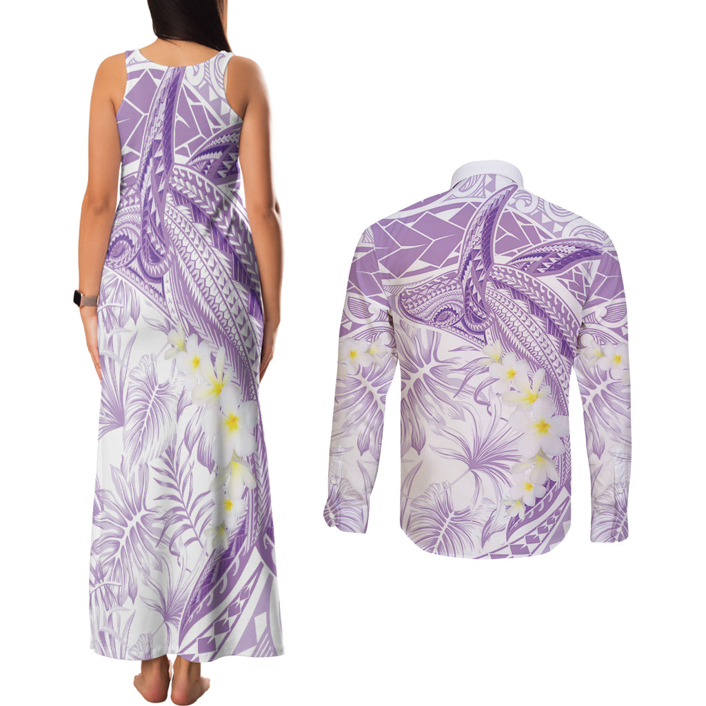 Polynesia Humpback Whale Couples Matching Tank Maxi Dress and Long Sleeve Button Shirt Tropical Plumeria Lavender