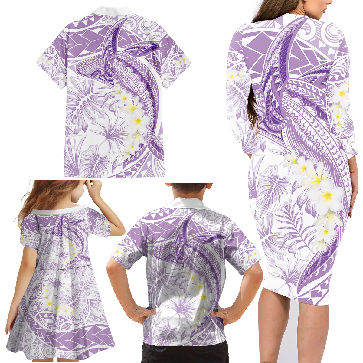 Polynesia Humpback Whale Family Matching Long Sleeve Bodycon Dress and Hawaiian Shirt Tropical Plumeria Lavender