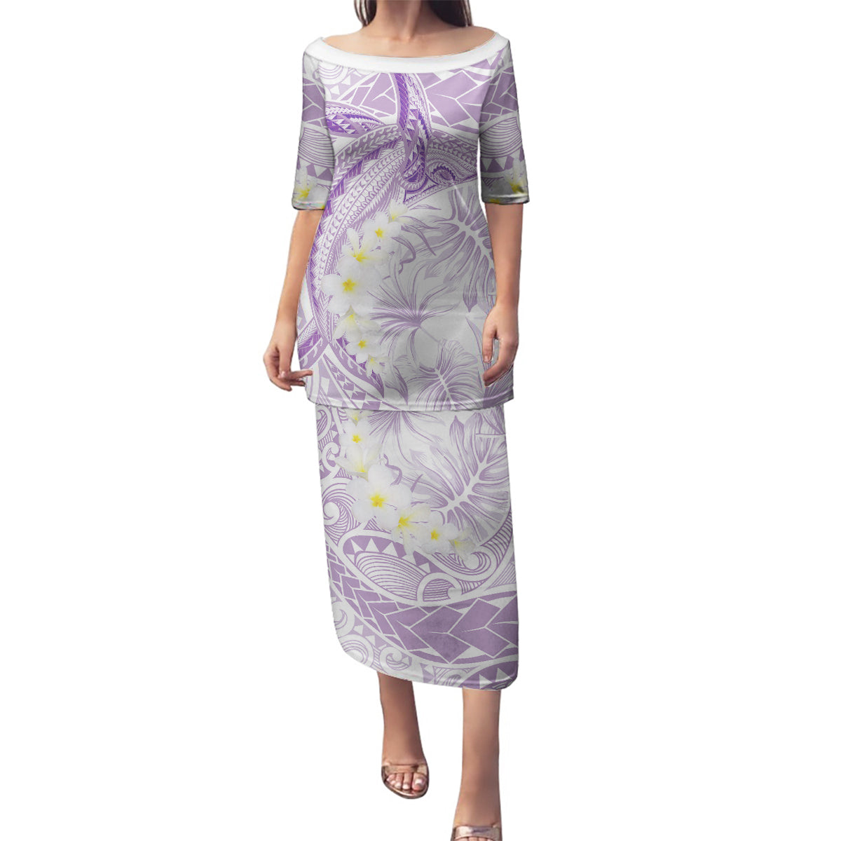 Polynesia Humpback Whale Family Matching Puletasi and Hawaiian Shirt Tropical Plumeria Lavender