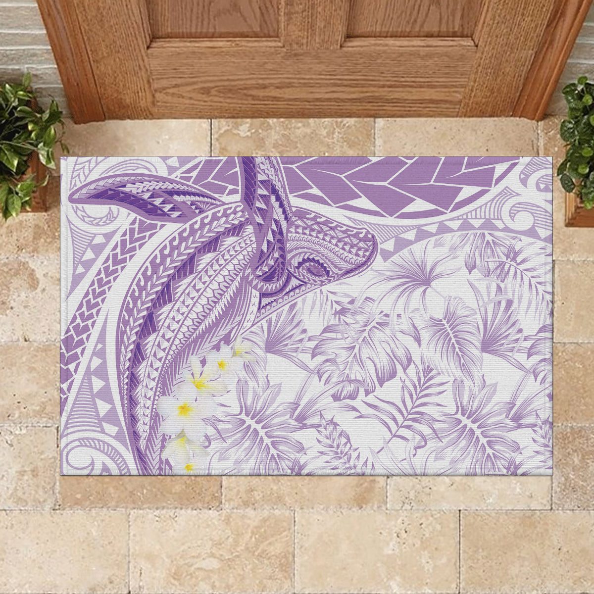 Polynesia Humpback Whale Rubber Doormat Tropical Plumeria Lavender