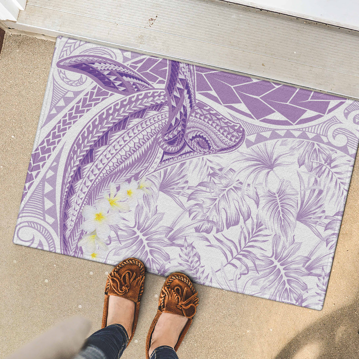 Polynesia Humpback Whale Rubber Doormat Tropical Plumeria Lavender