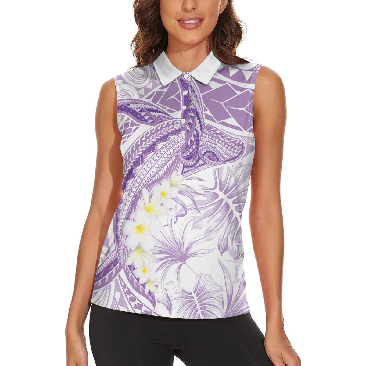 Polynesia Humpback Whale Women Sleeveless Polo Shirt Tropical Plumeria Lavender