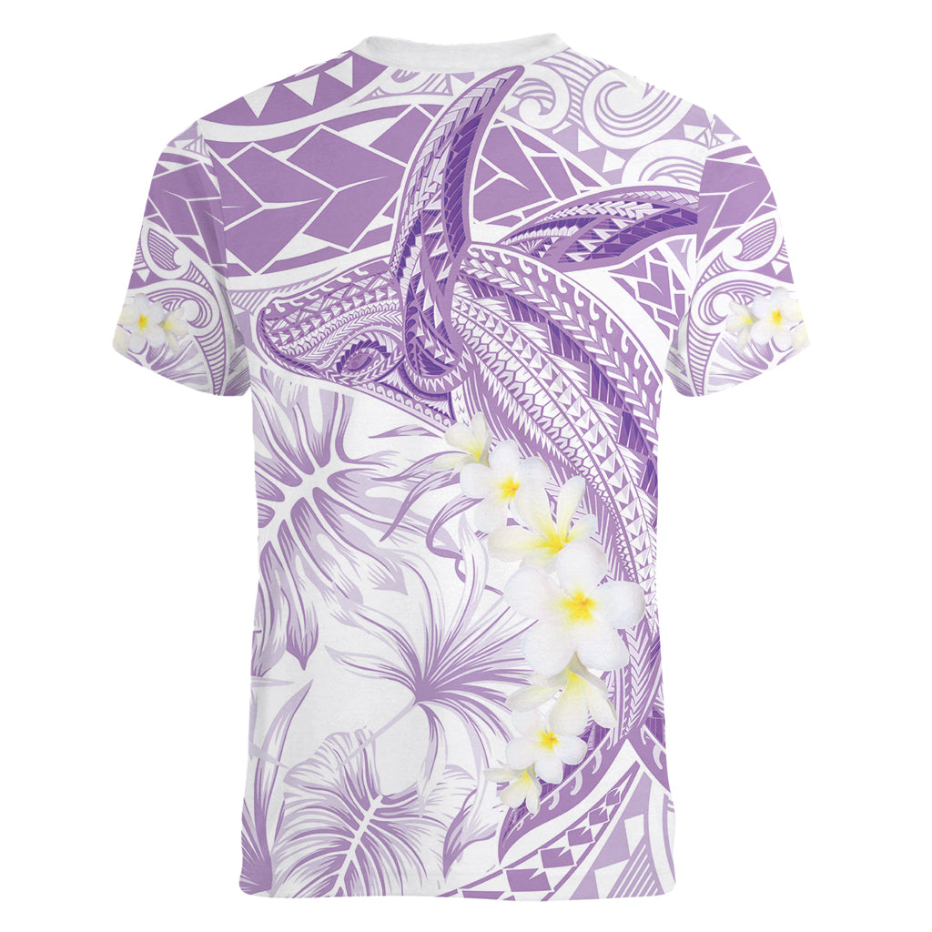 Polynesia Humpback Whale Women V-Neck T-Shirt Tropical Plumeria Lavender