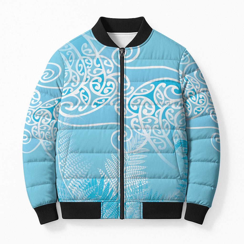 Aotearoa Maori Koru Curves Bomber Puffer Jacket Silver Ferns - Turquoise