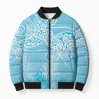 Aotearoa Maori Koru Curves Bomber Puffer Jacket Silver Ferns - Turquoise