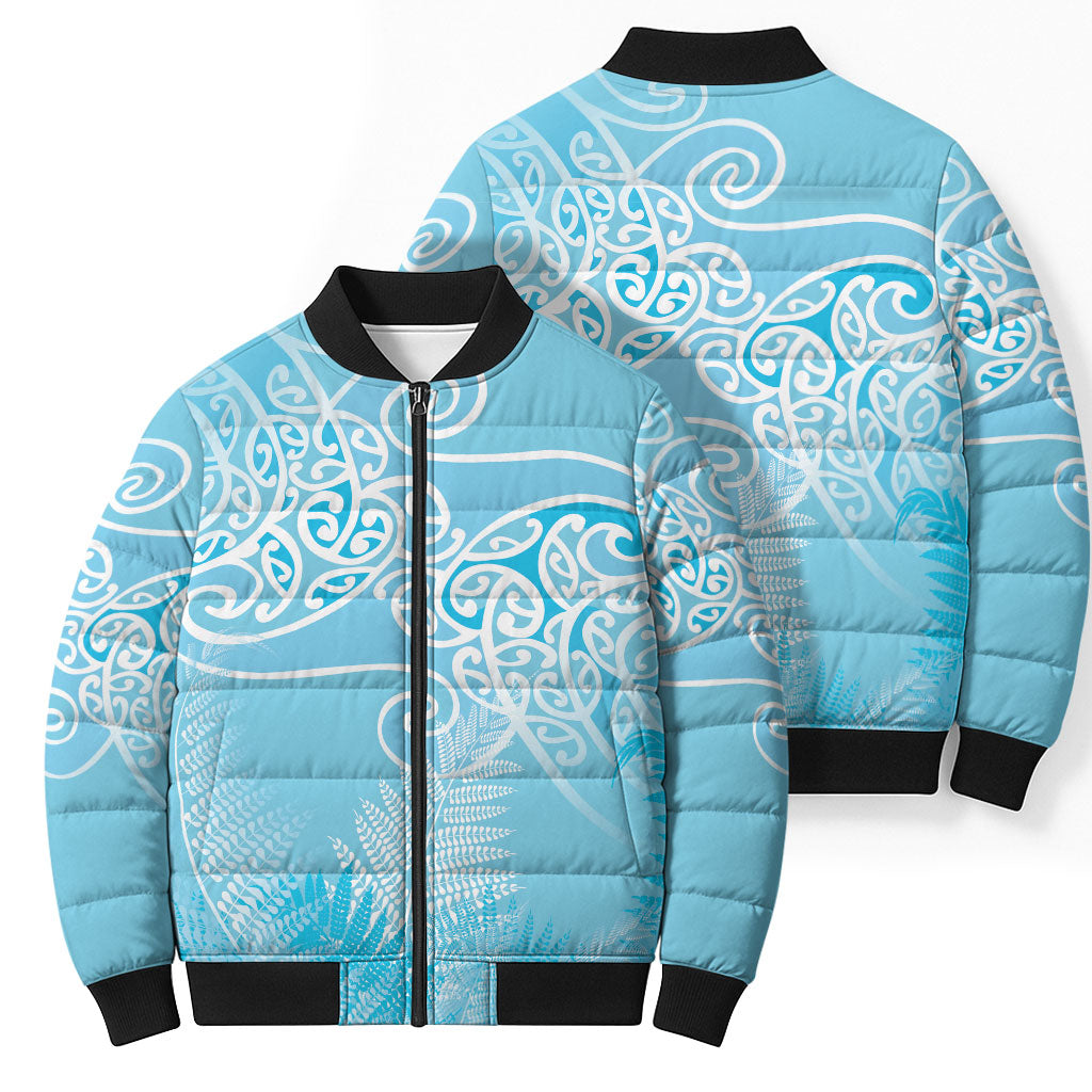 Aotearoa Maori Koru Curves Bomber Puffer Jacket Silver Ferns - Turquoise