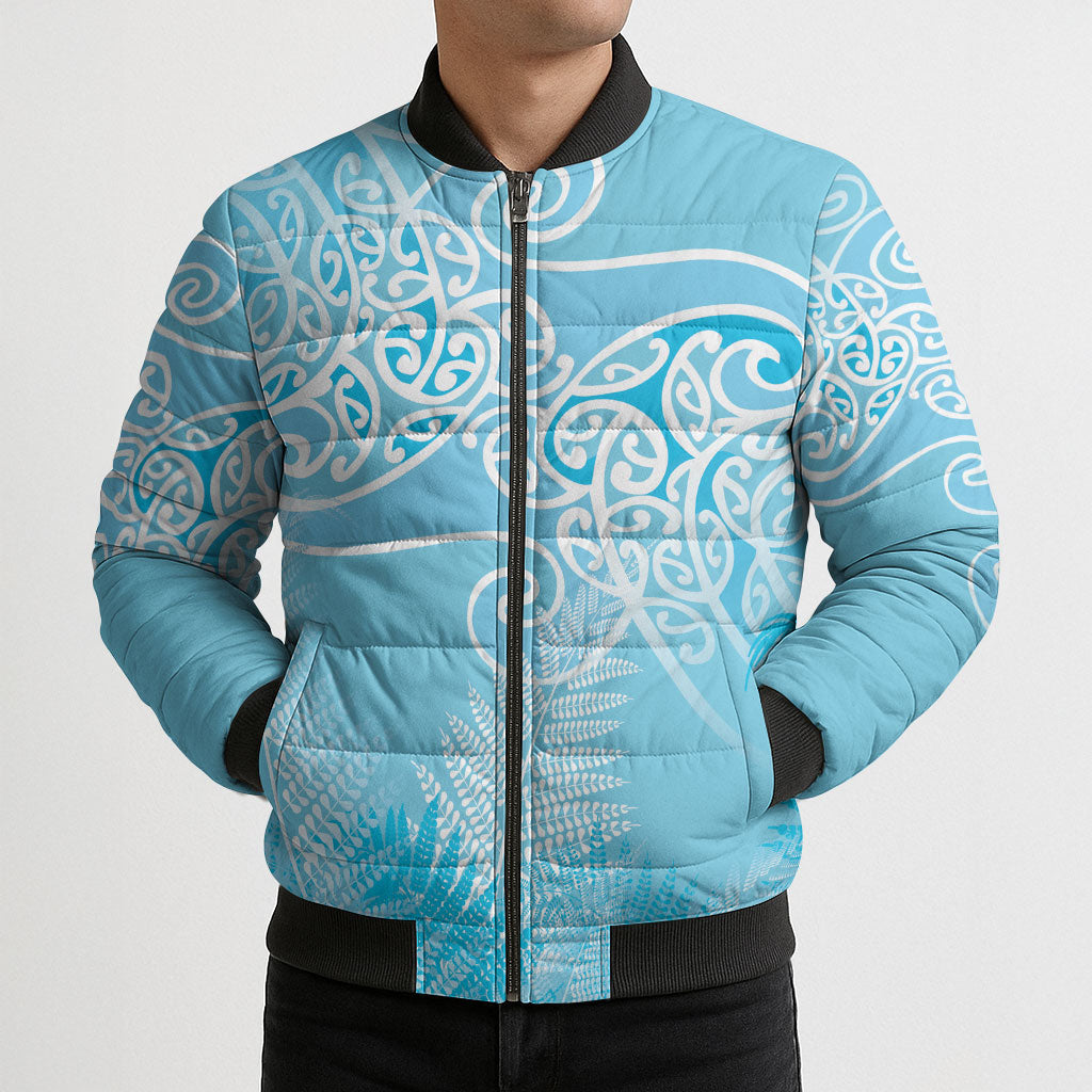 Aotearoa Maori Koru Curves Bomber Puffer Jacket Silver Ferns - Turquoise