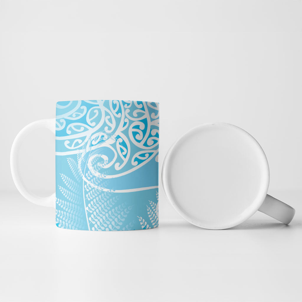 Aotearoa Maori Koru Curves Ceramic Mug Silver Ferns - Turquoise