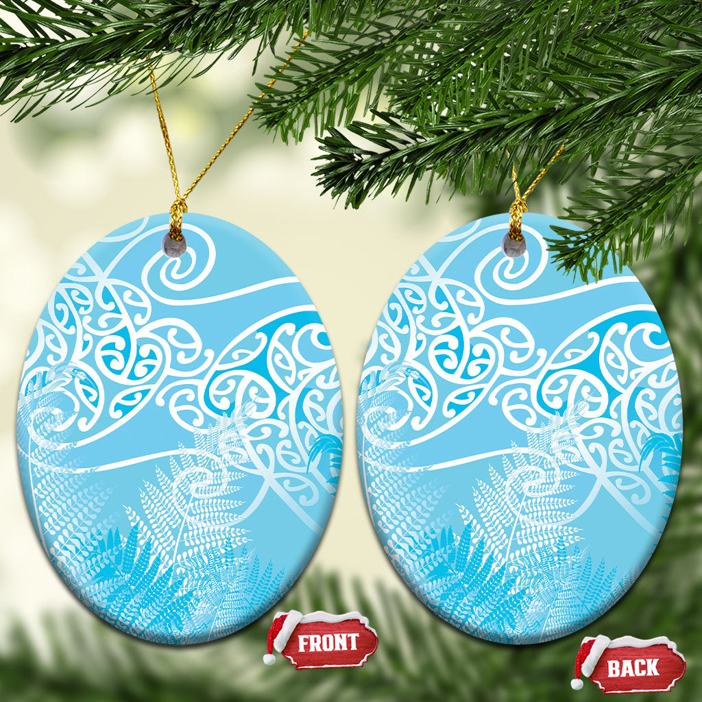 Aotearoa Maori Koru Curves Ceramic Ornament Silver Ferns - Turquoise