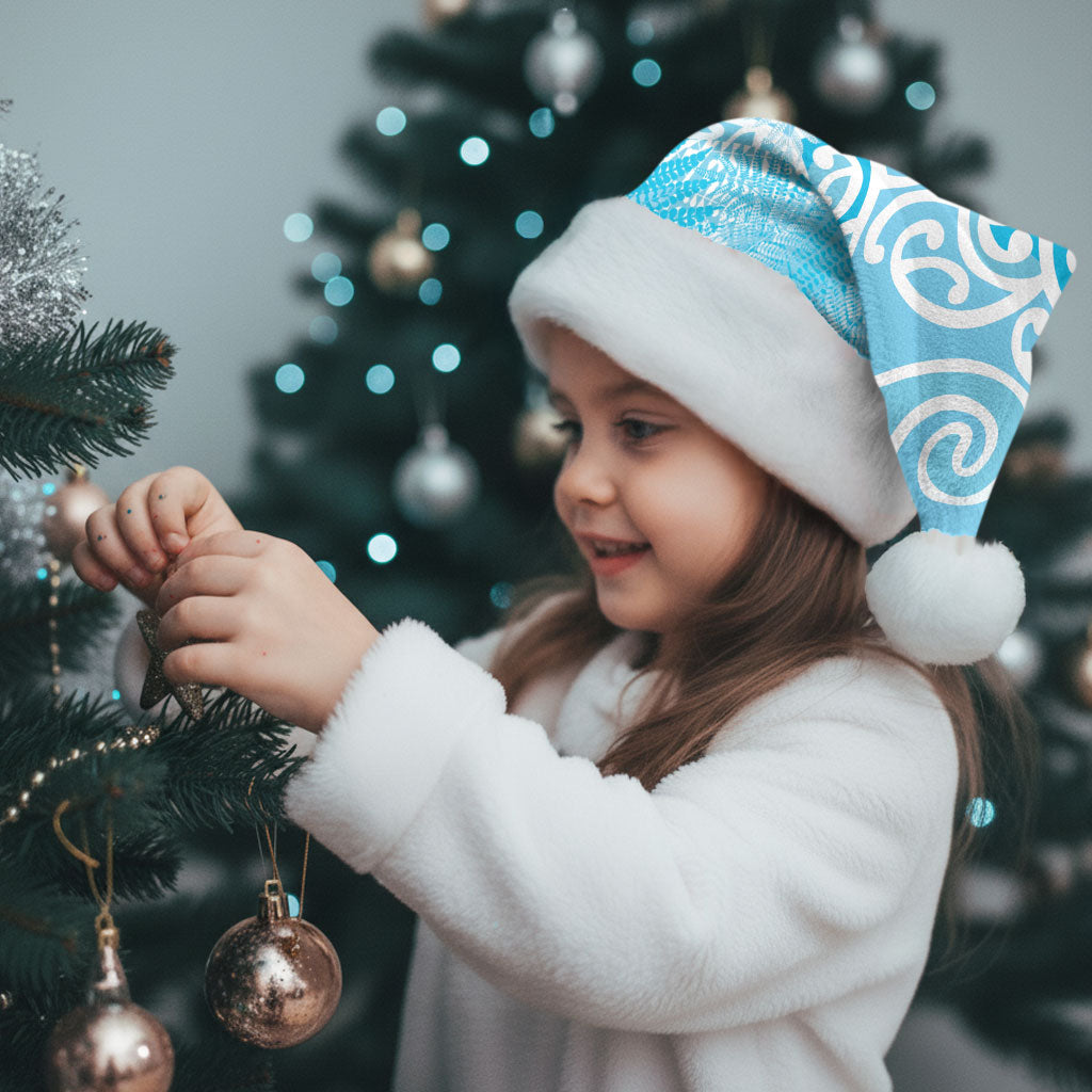 Aotearoa Maori Koru Curves Christmas Santa Hat Silver Ferns - Turquoise LT7 - Polynesian Pride