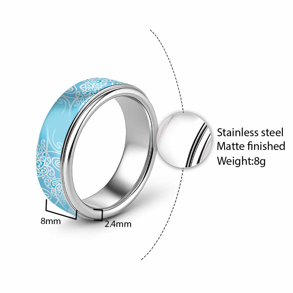 Aotearoa Maori Koru Curves Classic Ring Silver Ferns - Turquoise