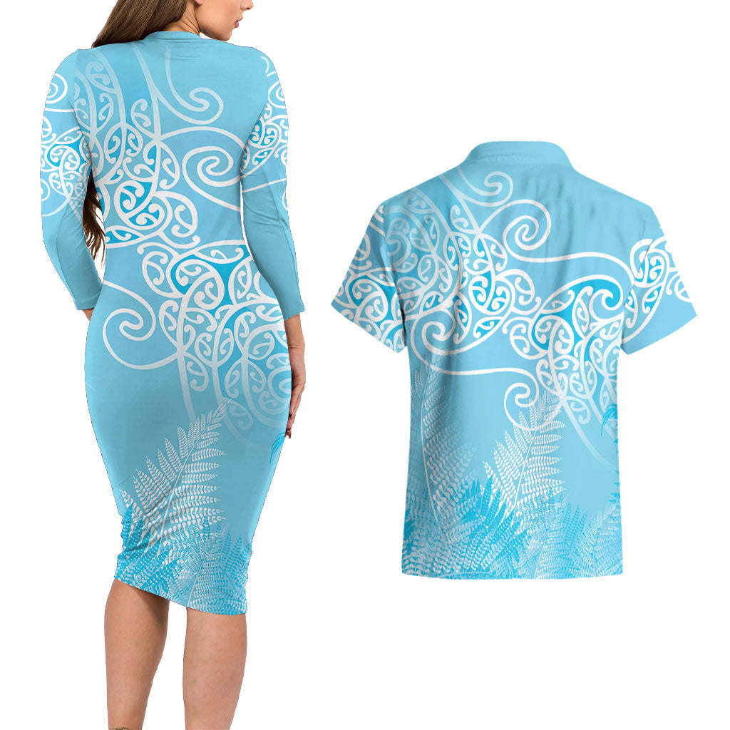 Aotearoa Maori Koru Curves Couples Matching Long Sleeve Bodycon Dress and Hawaiian Shirt Silver Ferns - Turquoise LT7 - Polynesian Pride