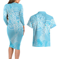 Aotearoa Maori Koru Curves Couples Matching Long Sleeve Bodycon Dress and Hawaiian Shirt Silver Ferns - Turquoise LT7 - Polynesian Pride