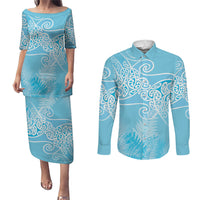 Aotearoa Maori Koru Curves Couples Matching Puletasi and Long Sleeve Button Shirt Silver Ferns - Turquoise