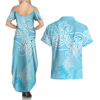 Aotearoa Maori Koru Curves Couples Matching Summer Maxi Dress and Hawaiian Shirt Silver Ferns - Turquoise