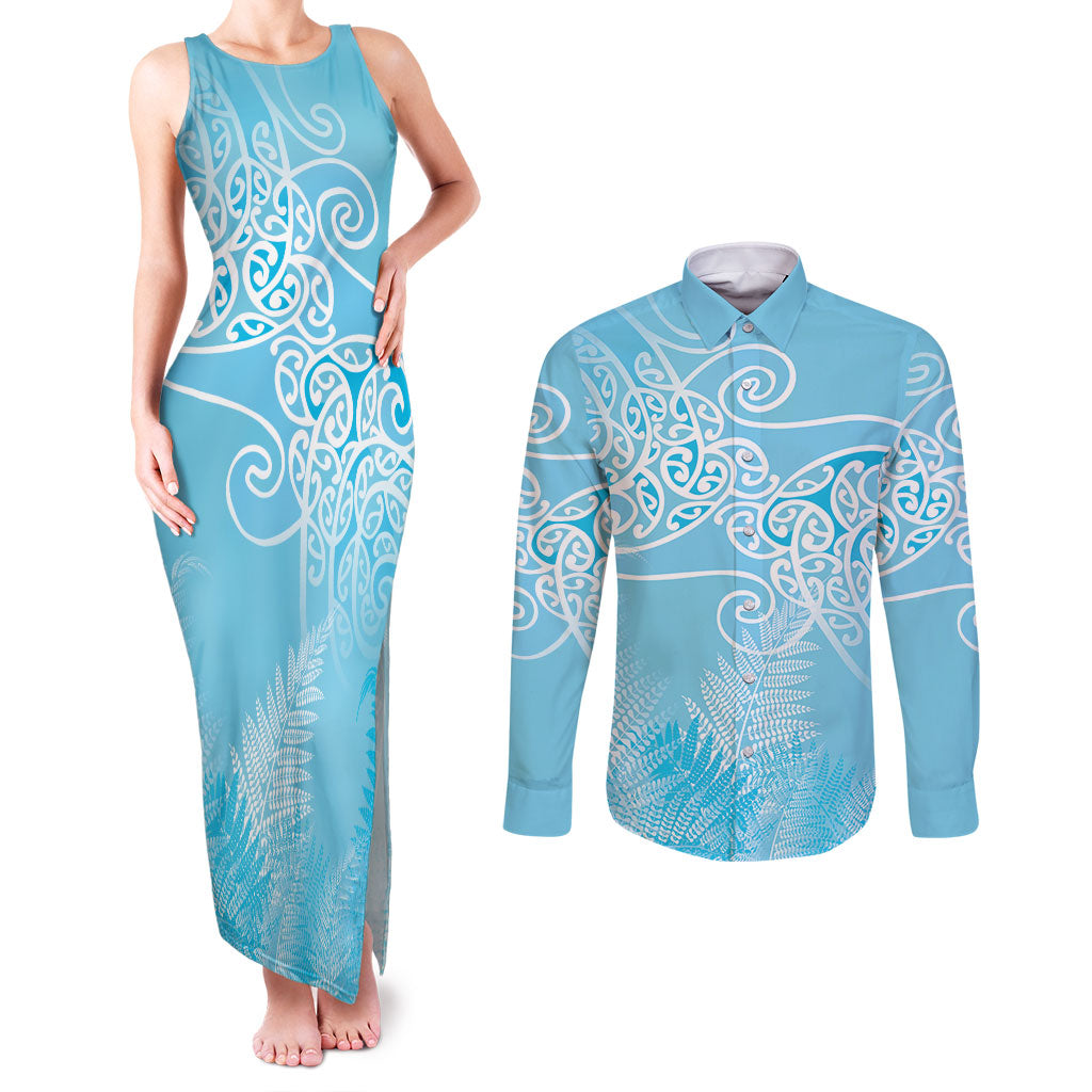 Aotearoa Maori Koru Curves Couples Matching Tank Maxi Dress and Long Sleeve Button Shirt Silver Ferns - Turquoise LT7 Turquoise - Polynesian Pride