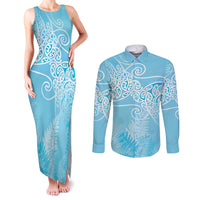 Aotearoa Maori Koru Curves Couples Matching Tank Maxi Dress and Long Sleeve Button Shirt Silver Ferns - Turquoise LT7 Turquoise - Polynesian Pride