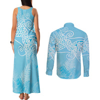 Aotearoa Maori Koru Curves Couples Matching Tank Maxi Dress and Long Sleeve Button Shirt Silver Ferns - Turquoise LT7 - Polynesian Pride