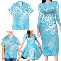 Aotearoa Maori Koru Curves Family Matching Long Sleeve Bodycon Dress and Hawaiian Shirt Silver Ferns - Turquoise LT7 - Polynesian Pride