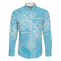 Aotearoa Maori Koru Curves Family Matching Long Sleeve Bodycon Dress and Hawaiian Shirt Silver Ferns - Turquoise LT7 Dad's Shirt - Long Sleeve Turquoise - Polynesian Pride