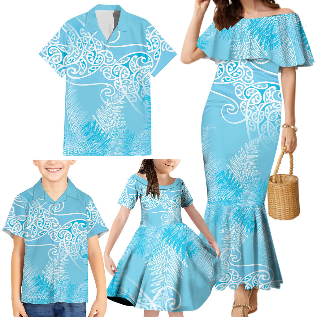 Aotearoa Maori Koru Curves Family Matching Mermaid Dress and Hawaiian Shirt Silver Ferns - Turquoise LT7 - Polynesian Pride