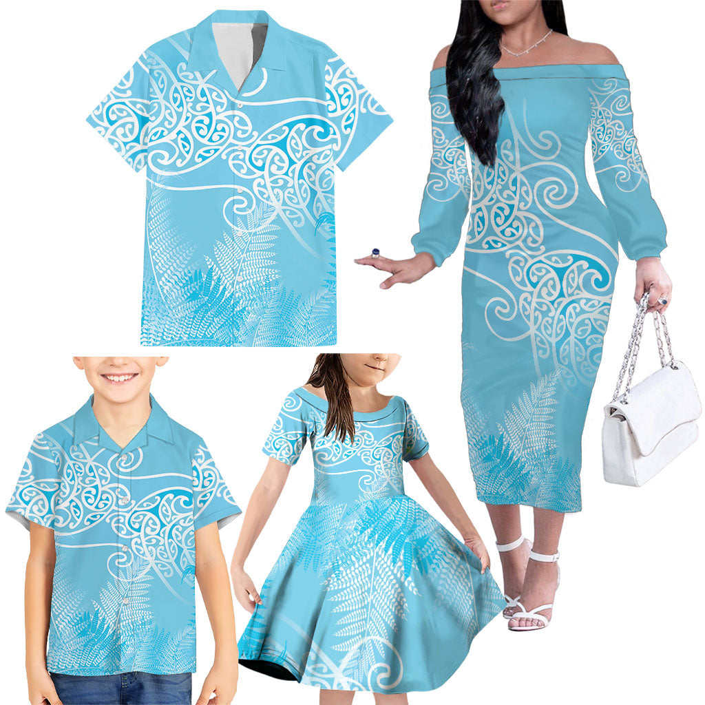 Aotearoa Maori Koru Curves Family Matching Off The Shoulder Long Sleeve Dress and Hawaiian Shirt Silver Ferns - Turquoise