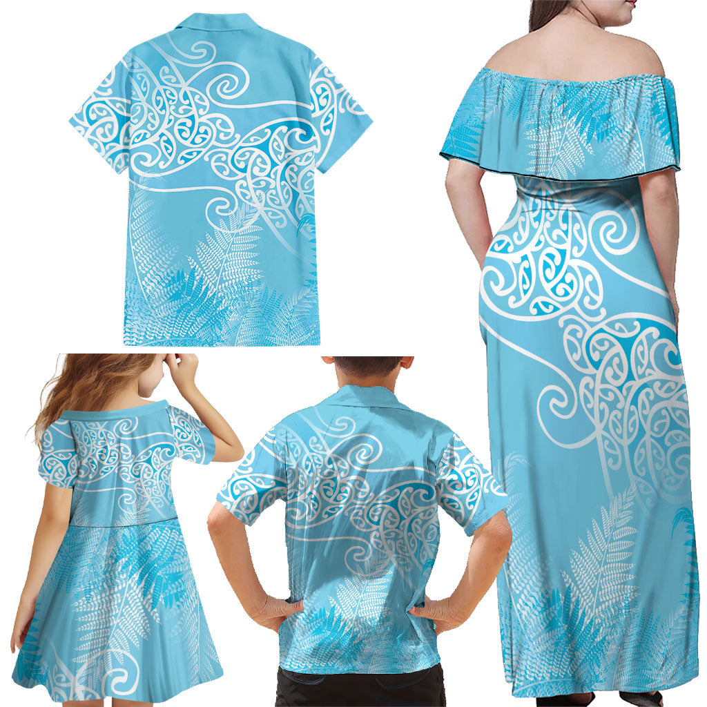 Aotearoa Maori Koru Curves Family Matching Off Shoulder Maxi Dress and Hawaiian Shirt Silver Ferns - Turquoise LT7 - Polynesian Pride