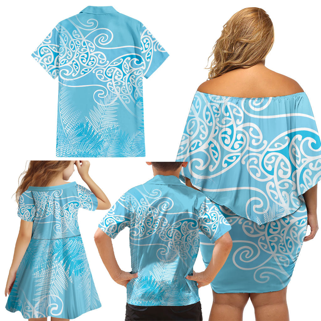 Aotearoa Maori Koru Curves Family Matching Off Shoulder Short Dress and Hawaiian Shirt Silver Ferns - Turquoise LT7 - Polynesian Pride
