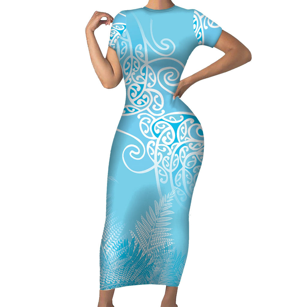 Aotearoa Maori Koru Curves Family Matching Short Sleeve Bodycon Dress and Hawaiian Shirt Silver Ferns - Turquoise LT7 Mom's Dress Turquoise - Polynesian Pride