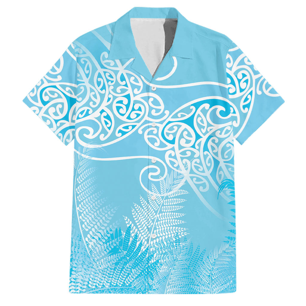 Aotearoa Maori Koru Curves Family Matching Summer Maxi Dress and Hawaiian Shirt Silver Ferns - Turquoise LT7 Dad's Shirt - Short Sleeve Turquoise - Polynesian Pride